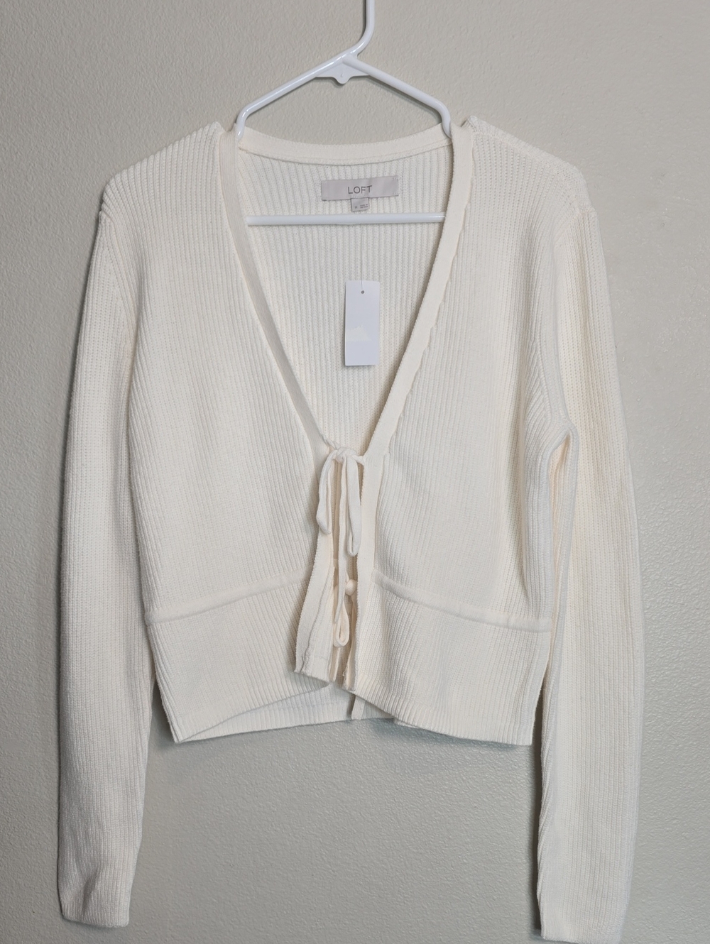 LOFT Cream Tie-Front Ribbed Cardigan Sweater Size M NWT.